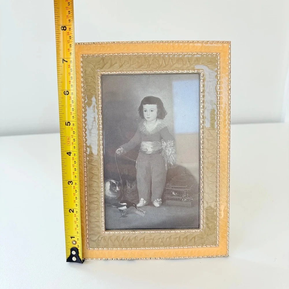 Vintage Enameled Metal 4x6 Picture Frame Peach Green Marbled Beaded Edge